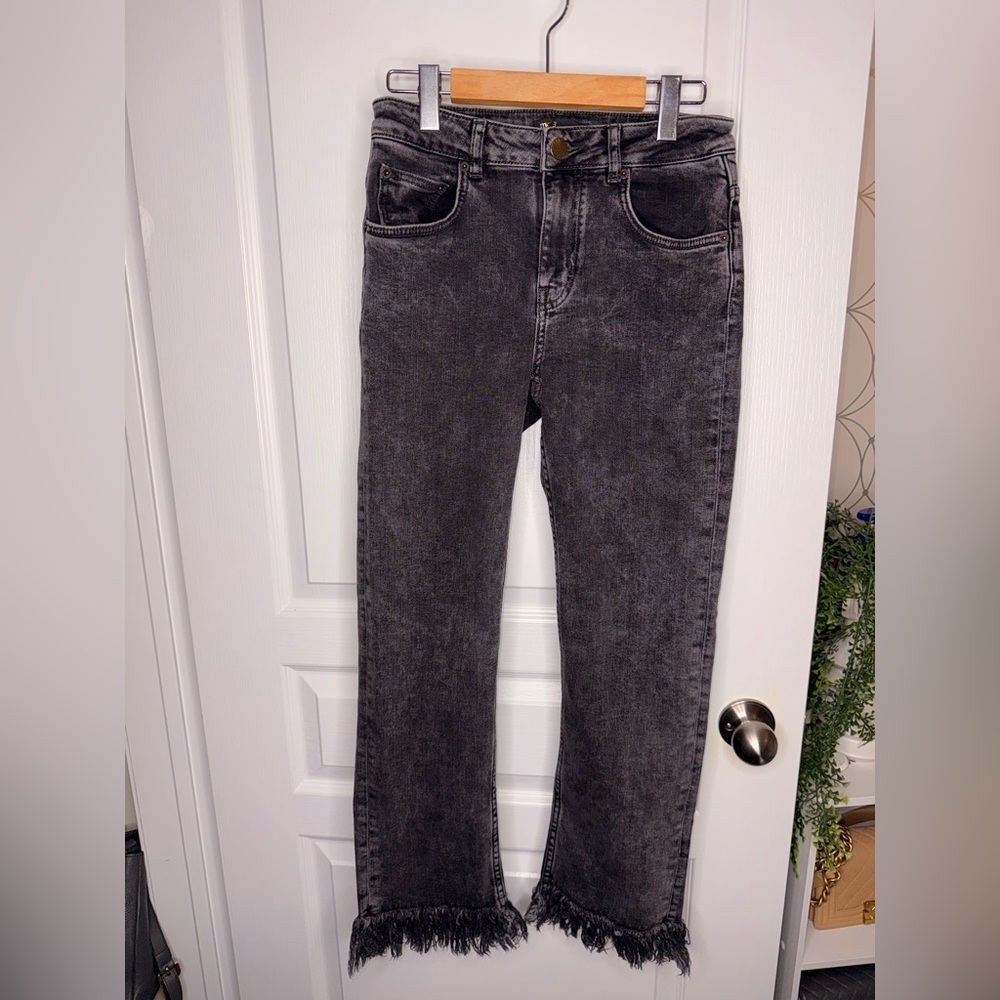 Maje Black Washed Straight-Leg Jeans with Frayed Hem